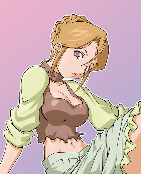haganemaru kennosuke, sylvie arte, ashita no nadja, 00s, 1girl, blonde hair, breasts, brown eyes, cleavage, collar, crop top, female focus, gradient background, hair bun, head tilt, looking at viewer, medium breasts, midriff, navel, simple background, single hair bun, sitting, skirt, sleeves rolled up, solo