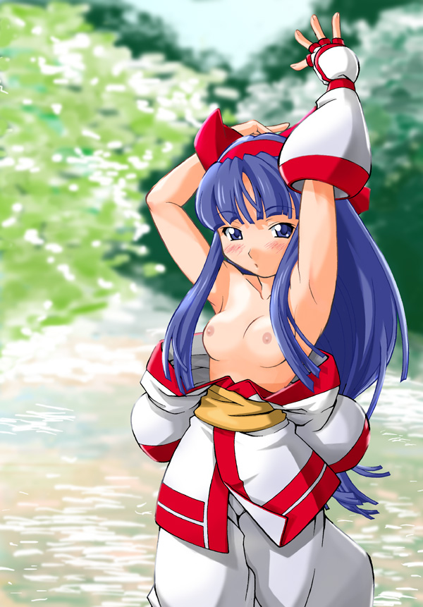 haganemaru kennosuke, nakoruru, samurai spirits, traditional clothes, 1girl, armpits, bow, breasts, breasts out, female focus, japanese clothes, nipples, open clothes, open shirt, red bow, shirt, small breasts, solo, topless female, water