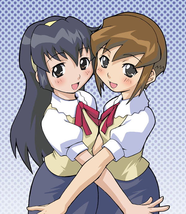 haganemaru kennosuke, amano misao, yunoki yoriko, battle programmer shirase, 00s, 2girls, blue background, blush, gradient background, halftone, multiple girls, short hair with long locks, standing, yuri