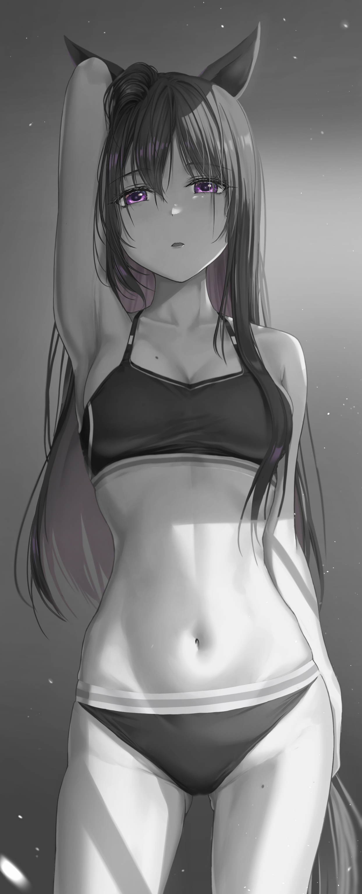 kimchi (user mpzz8457), mejiro dober (umamusume), umamusume, absurdres, highres, 1girl, animal ears, arm behind another's back, armpits, bare arms, bare shoulders, breasts, cleavage, colored inner hair, hair between eyes, horse ears, horse girl, horse tail, long hair, mole, mole on breast, multicolored hair, navel, open mouth, partially colored, purple eyes, purple hair, solo, stomach, tail, two-tone hair, underwear, underwear only