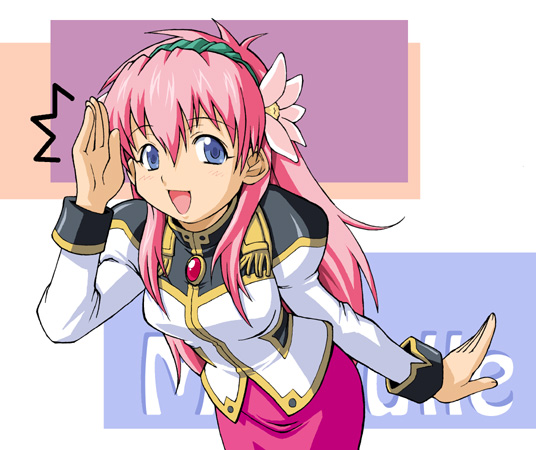 haganemaru kennosuke, milfeulle sakuraba, broccoli (company), galaxy angel, uniform, 00s, 1girl, ^^^, blue eyes, female focus, flower, long hair, open mouth, pencil skirt, pink hair, salute, skirt, smile, solo