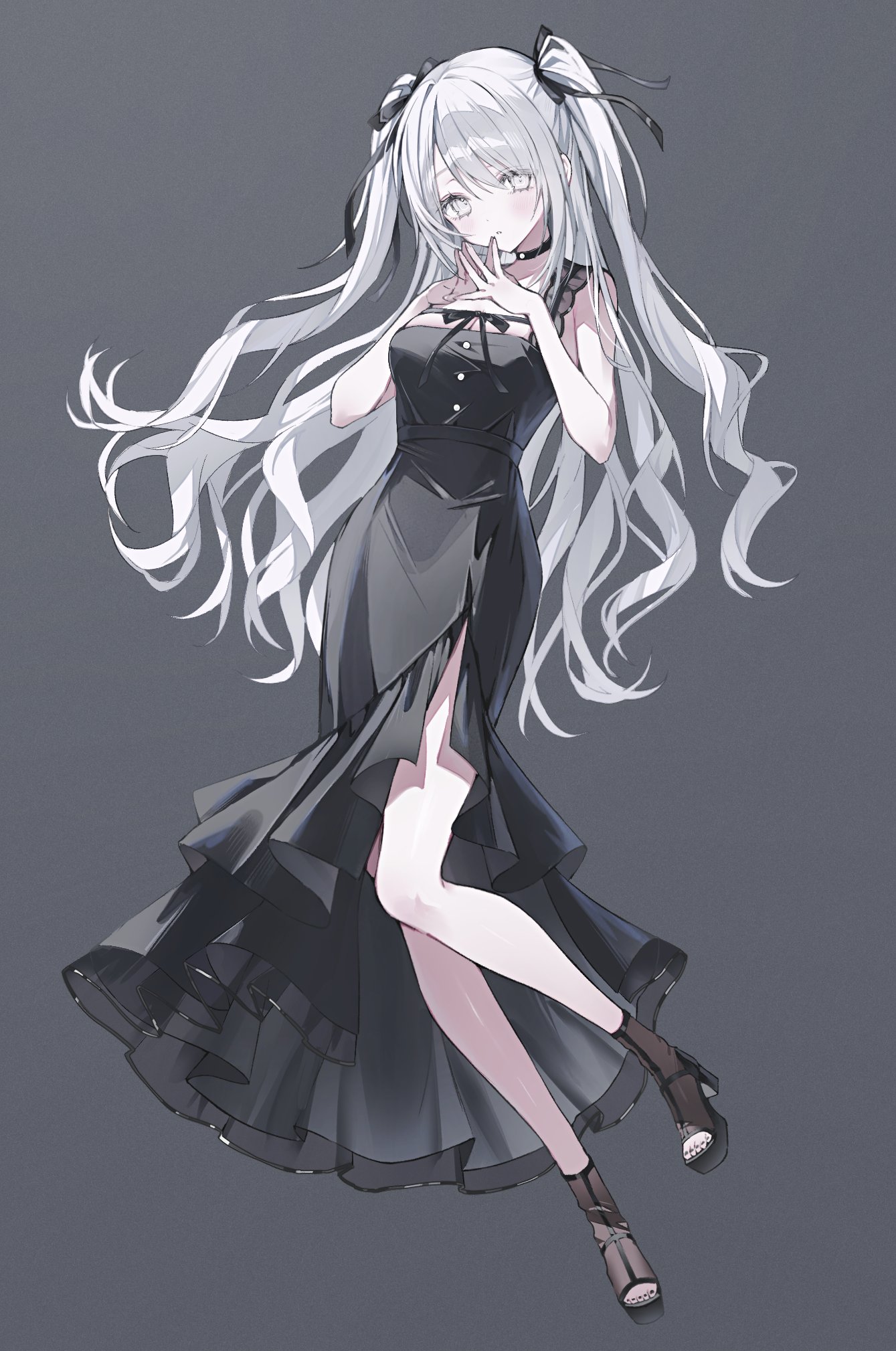 noah (0noah), original, highres, 1girl, black background, black dress, black ribbon, black shoes, breasts, cleavage, dress, full moon, hair ribbon, long hair, medium breasts, moon, parted lips, ribbon, shoes, simple background, sleeveless, sleeveless dress, solo, toes, very long hair, white eyes, white hair