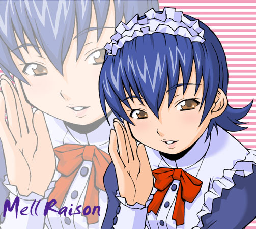 haganemaru kennosuke, mell raison, sakura taisen, sakura taisen iii, 00s, blue hair, bonnet, bow, character name, glasses, maid, maid headdress, short hair, solo