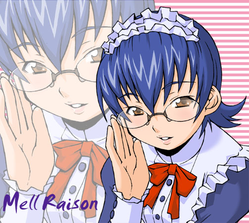 haganemaru kennosuke, mell, mell raison, sakura taisen, sakura taisen iii, 00s, adjusting eyewear, blue hair, bonnet, bow, character name, glasses, maid, maid headdress, mullet, short hair, solo