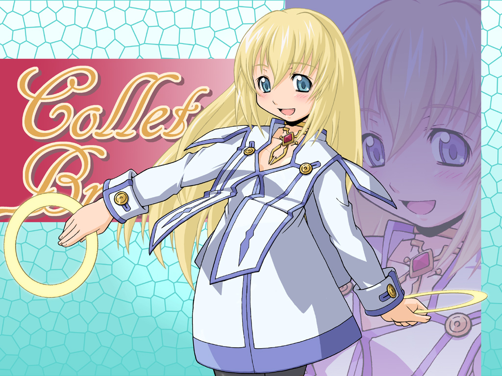 haganemaru kennosuke, colette brunel, tales of (series), tales of symphonia, 00s, 1girl, blonde hair, blue eyes, blush, chakram, character name, choker, dress, female focus, long hair, mosaic background, pantyhose, smile, solo, weapon, zoom layer