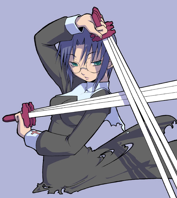 haganemaru kennosuke, ciel (tsukihime), tsukihime, no legs, 00s, 1girl, between fingers, black keys (type-moon), blue background, blue hair, female focus, glasses, green eyes, holding, round eyewear, short hair, simple background, solo, torn clothes, weapon