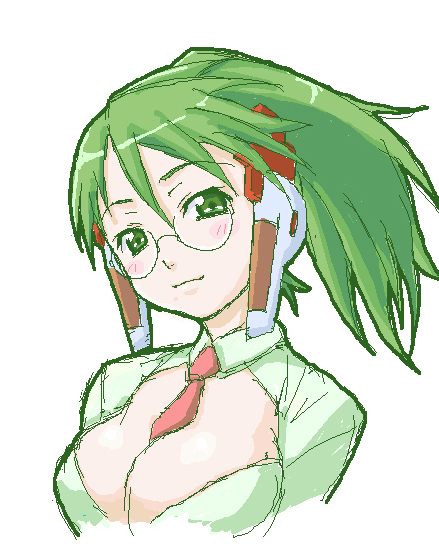 haganemaru kennosuke, homeko, xp home-tan, xphome, os-tan, 1girl, blush, breasts, cleavage, female focus, glasses, green eyes, green hair, looking at viewer, matching hair/eyes, medium breasts, necktie, red necktie, simple background, sketch, smile, solo, upper body, white background