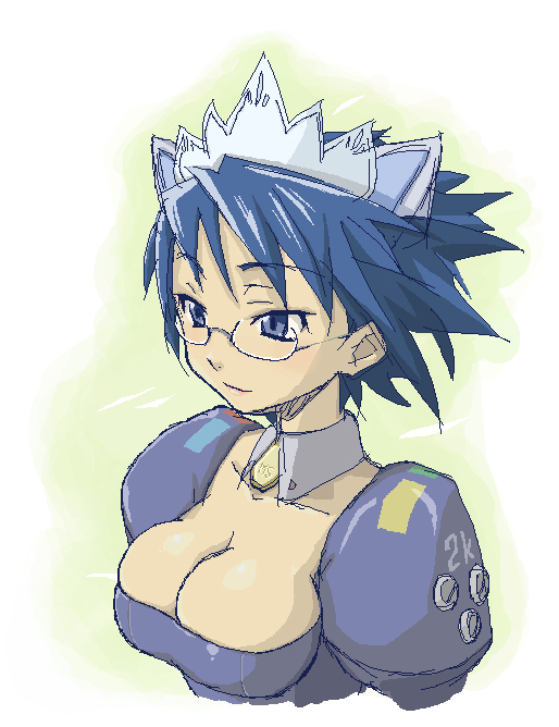 haganemaru kennosuke, 2k-tan, os-tan, 1girl, blue eyes, blue hair, breasts, cleavage, detached collar, female focus, glasses, green background, large breasts, matching hair/eyes, short hair, solo, upper body, white background