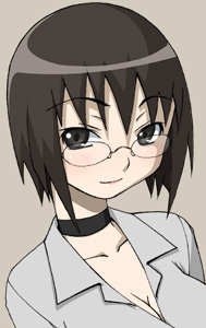haganemaru kennosuke, original, lowres, 1girl, black eyes, black hair, breasts, choker, cleavage, collarbone, female focus, glasses, looking at viewer, portrait, short hair, smile, solo, upper body