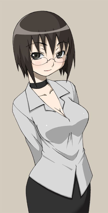 haganemaru kennosuke, original, 1girl, arms behind back, black eyes, black hair, business suit, choker, female focus, formal clothes, glasses, looking at viewer, pencil skirt, skirt, skirt suit, solo, suit