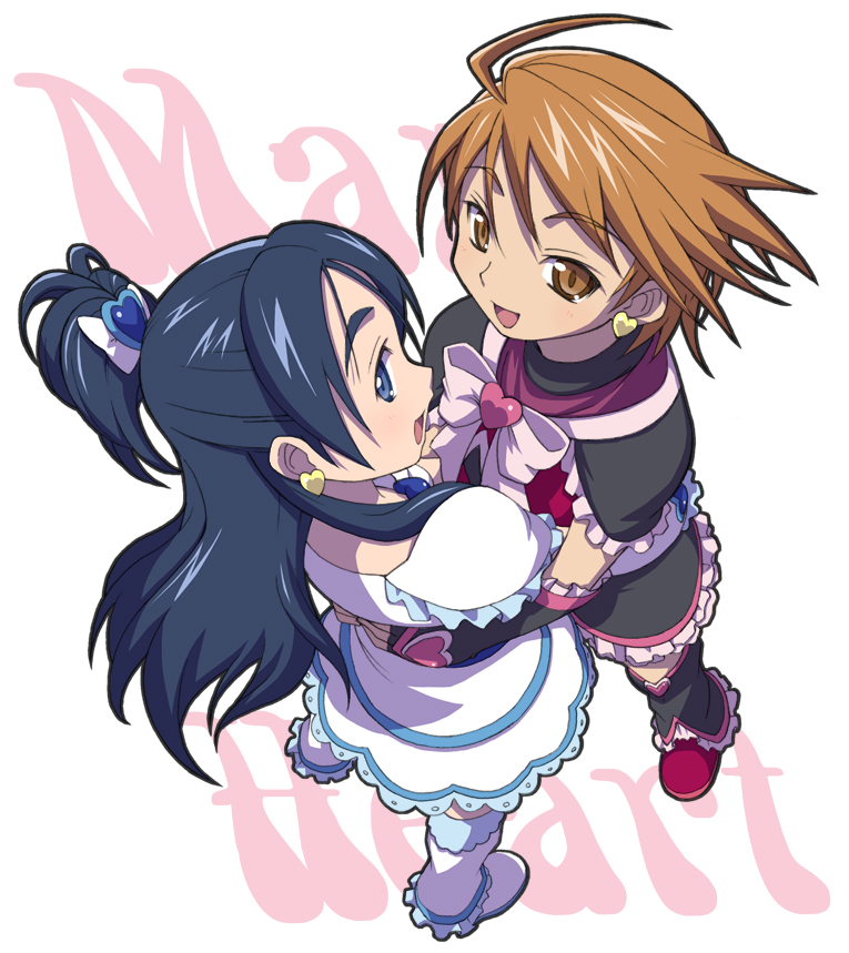 haganemaru kennosuke, cure black, cure white, misumi nagisa, yukishiro honoka, futari wa precure, futari wa precure max heart, precure, black footwear, white footwear, 00s, 2girls, blue eyes, boots, bow, brooch, brown eyes, brown hair, copyright name, earrings, elbow gloves, gloves, half updo, heart, heart brooch, hug, jewelry, long hair, magical girl, multiple girls, purple hair, short hair, white bow