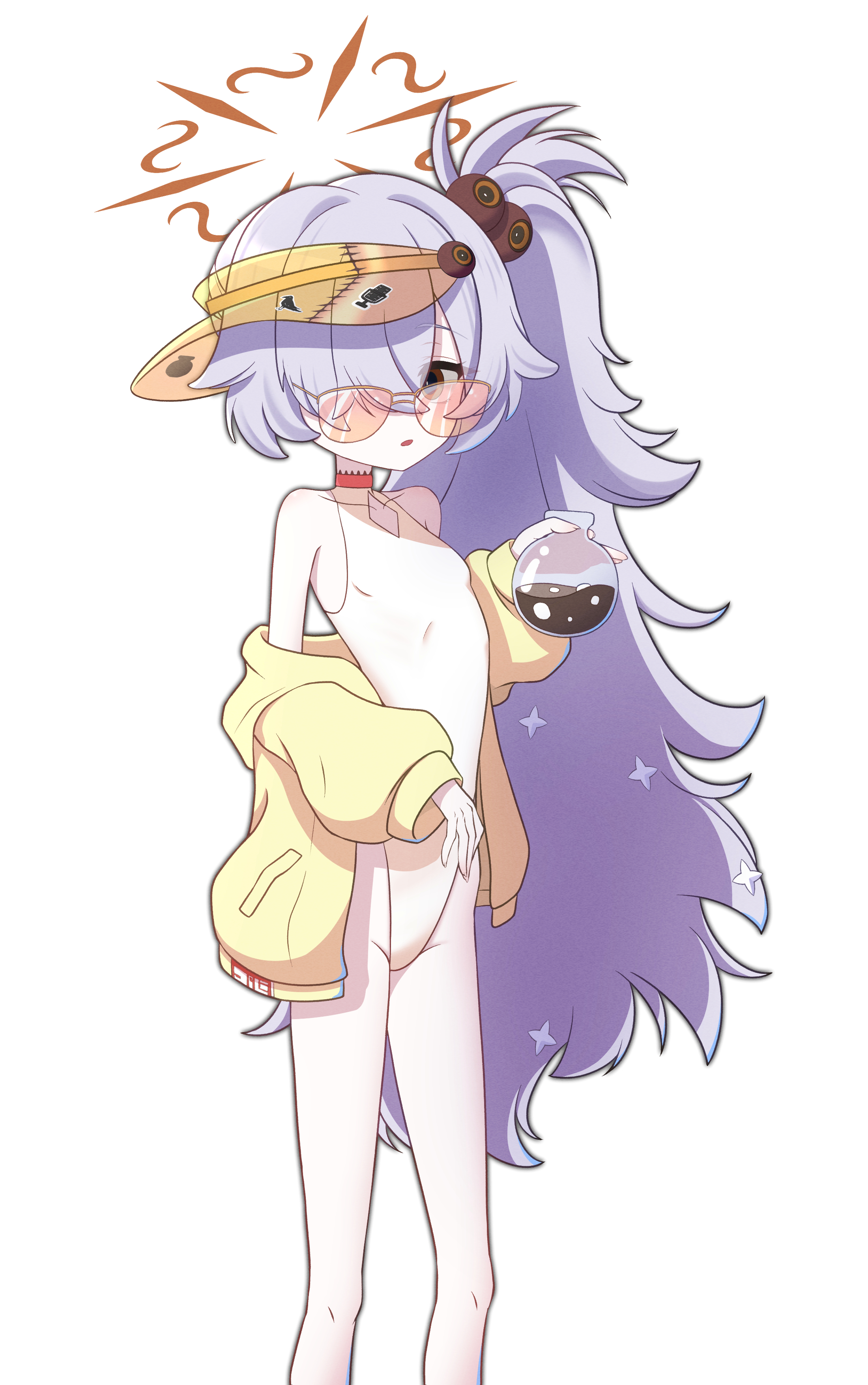 gnoet, kanoe (blue archive), seia (blue archive), seia (swimsuit) (blue archive), blue archive, absurdres, highres, 1girl, above-cleavage cutout, ahoge, asymmetrical hair, bare shoulders, breasts, brown eyes, brown halo, clothing cutout, cosplay, diamond cutout, feet out of frame, flask, grey hair, hair ornament, hair over one eye, halo, hand up, hands up, highleg, highleg one-piece swimsuit, holding, holding flask, jacket, long hair, long sleeves, looking at viewer, one-piece swimsuit, open mouth, puffy long sleeves, puffy sleeves, red-tinted eyewear, round-bottom flask, seia (blue archive) (cosplay), side ponytail, simple background, small breasts, solo, standing, sunglasses, swimsuit, tinted eyewear, very long hair, visor cap, wavy hair, white background, white one-piece swimsuit, yellow jacket, yellow visor
