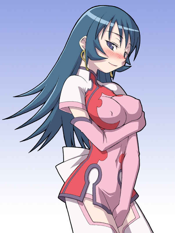 haganemaru kennosuke, kotona elegance, zoids, zoids genesis, 00s, 1girl, blue eyes, blush, breasts, covered erect nipples, dress, earrings, elbow gloves, female focus, gloves, gradient background, green hair, jewelry, large breasts, pink gloves, simple background, solo