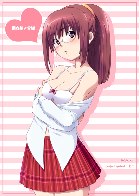 haganemaru kennosuke, 00s, 1girl, 2005, arms under breasts, blush, bow, bow bra, bra, breasts, brown eyes, brown hair, cleavage, collarbone, february, frown, glasses, heart, high ponytail, lingerie, long hair, long sleeves, looking at viewer, medium breasts, navel, off shoulder, open clothes, open mouth, open shirt, pink background, plaid clothes, plaid skirt, ponytail, red skirt, school uniform, shirt, simple background, skirt, standing, striped background, thighs, underwear, white bra, white shirt