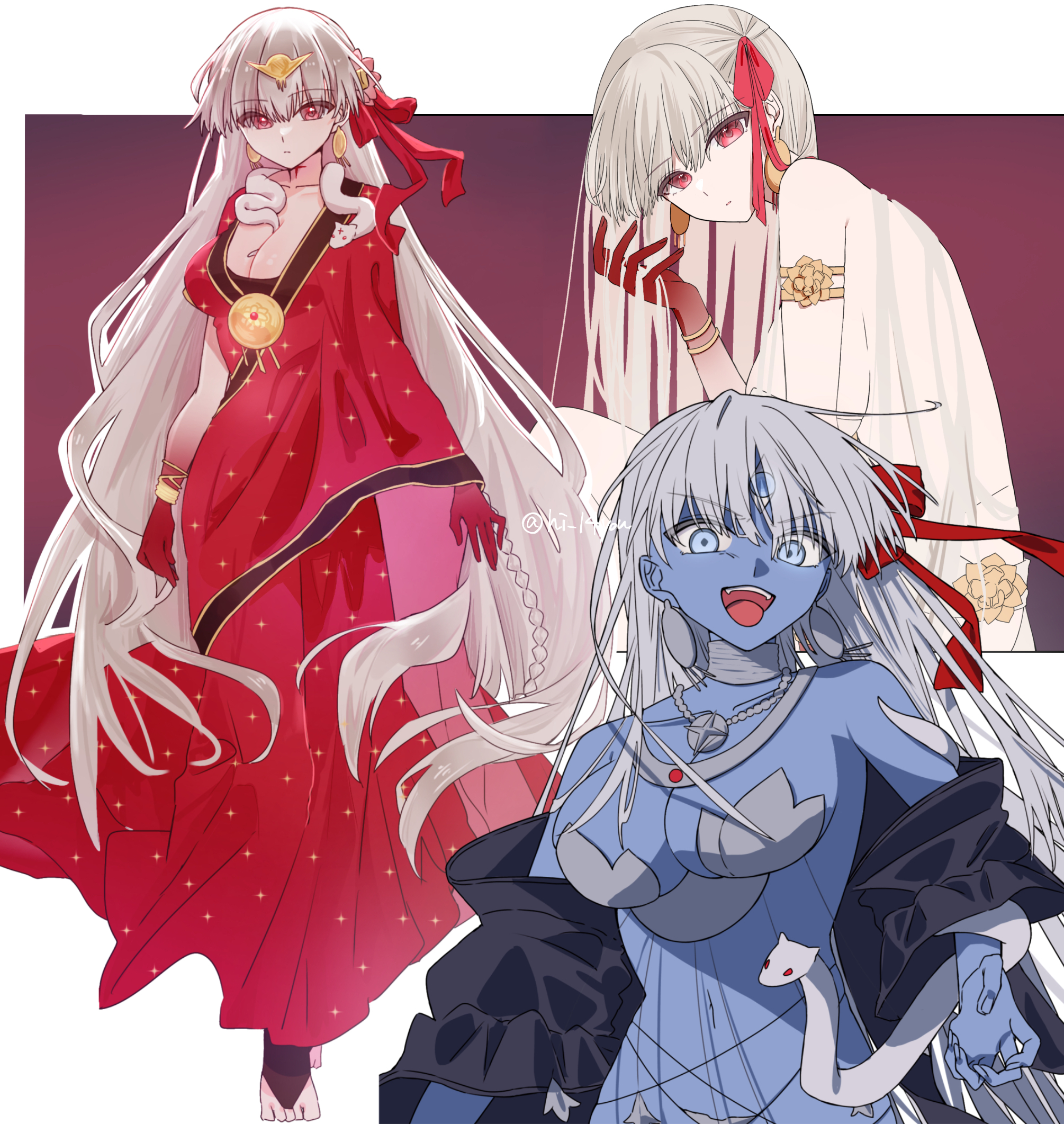 dpw6p39pwizgzdz, durga (fate), durga (first ascension) (fate), durga (second ascension) (fate), kali (fate), fate/grand order, fate (series), highres, 3girls, armlet, armor, asymmetrical sleeves, bare shoulders, belly chain, bikini armor, blue eyes, blue skin, blush, body markings, bracelet, breasts, circlet, cleavage, colored extremities, colored skin, dress, earrings, extra arms, flower, full body, gold trim, grey hair, hair flower, hair ornament, hair ribbon, indian clothes, jewelry, large breasts, long hair, looking at viewer, multiple girls, multiple persona, navel, neck ring, necklace, open mouth, red dress, red eyes, red hands, ribbon, sari, sash, smile, snake, thighs, third eye, tongue, tongue out, very long hair, white dress, white hair
