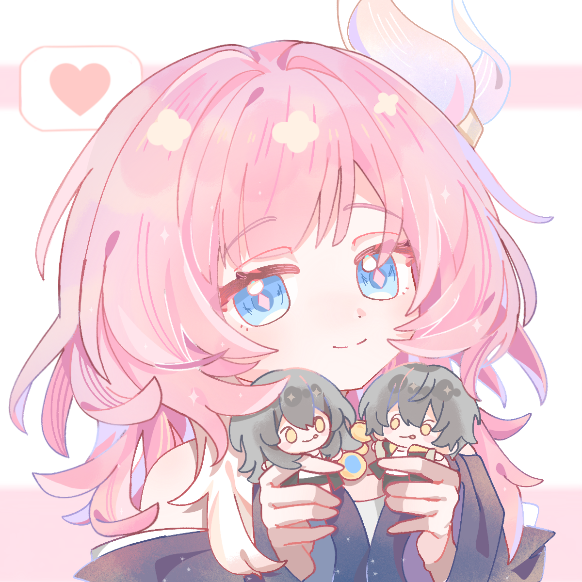 caelus (honkai: star rail), cyrene (honkai: star rail), stelle (honkai: star rail), trailblazer (honkai: star rail), honkai: star rail, honkai (series), chinese commentary, commentary request, highres, 1girl, bare shoulders, blue eyes, character doll, coat, doll, hair ornament, heart, holding, holding doll, jewelry, meishizhaoshi35052, multicolored hair, necklace, pink hair, purple coat, short hair, smile, solo, two-tone hair, white hair