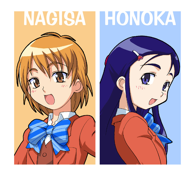 haganemaru kennosuke, misumi nagisa, yukishiro honoka, futari wa precure, precure, striped neckwear, 00s, 2girls, bow, bowtie, brown eyes, brown hair, character name, hair ornament, hairclip, long hair, multiple girls, purple eyes, purple hair, school uniform, serafuku, short hair, striped bow, striped bowtie, striped clothes