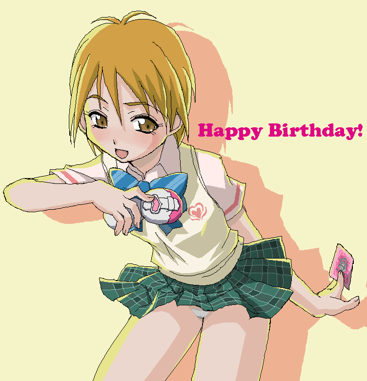 mepple, misumi nagisa, futari wa precure, precure, plaid, striped neckwear, 00s, 1girl, bow, bowtie, brown eyes, brown hair, card, clothes lift, female focus, holding, holding card, micro panties, panties, pantyshot, pleated skirt, school uniform, serafuku, short hair, skirt, skirt lift, solo, standing, striped bow, striped bowtie, striped clothes, underwear, white panties