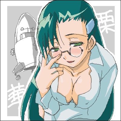 haganemaru kennosuke, kurinohana kurika, dokkoida, lowres, translation request, 1girl, adjusting eyewear, blush, border, breasts, cleavage, covered erect nipples, downblouse, dress shirt, female focus, glasses, green eyes, green hair, hair ornament, hairclip, leaning forward, long hair, looking at viewer, looking over eyewear, matching hair/eyes, naughty face, no bra, oekaki, open mouth, outside border, rocket, round eyewear, shirt, smile, solo, upper body, very long hair, white border, white shirt