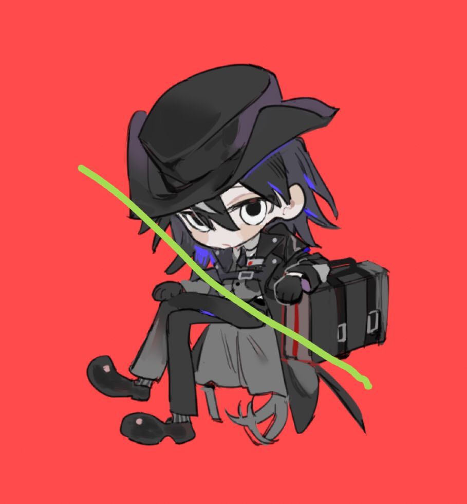 qyzhiaiyisheng, original, 1boy, black coat, black hair, black hat, black shoes, chibi, chibi only, coat, crossed legs, fedora, full body, green pants, hair between eyes, hat, jacket, long sleeves, male focus, open clothes, open coat, pants, red background, shoes, short hair, solo, suitcase