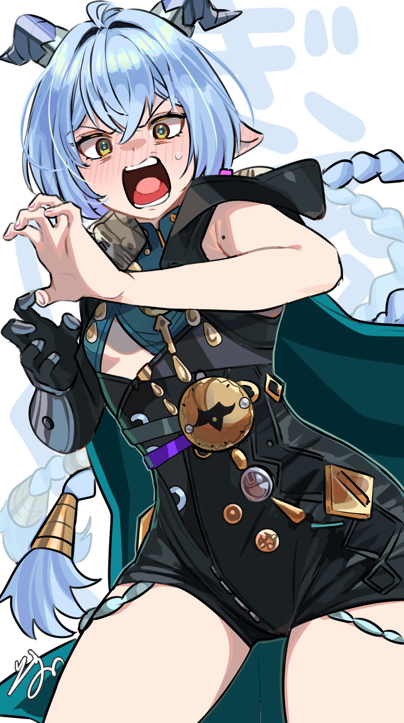 isuka, zenless zone zero, absurdres, commentary request, highres, translation request, 1girl, bare shoulders, blue hair, blush, braid, breasts, cowboy shot, fingernails, hair between eyes, horns, long hair, low twin braids, lucia (zenless zone zero), mole, mole on arm, open mouth, pointy ears, signature, small breasts, solo, twin braids, yellow eyes