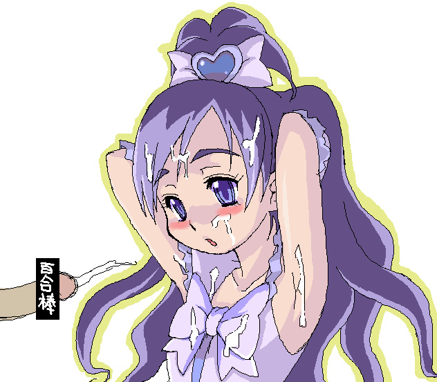 haganemaru kennosuke, cure white, yukishiro honoka, futari wa precure, precure, 00s, 1girl, arms up, bar censor, blush, censored, cum, cum on body, cum on clothes, facial, half updo, hetero, long hair, magical girl, penis, purple eyes, purple hair, solo focus