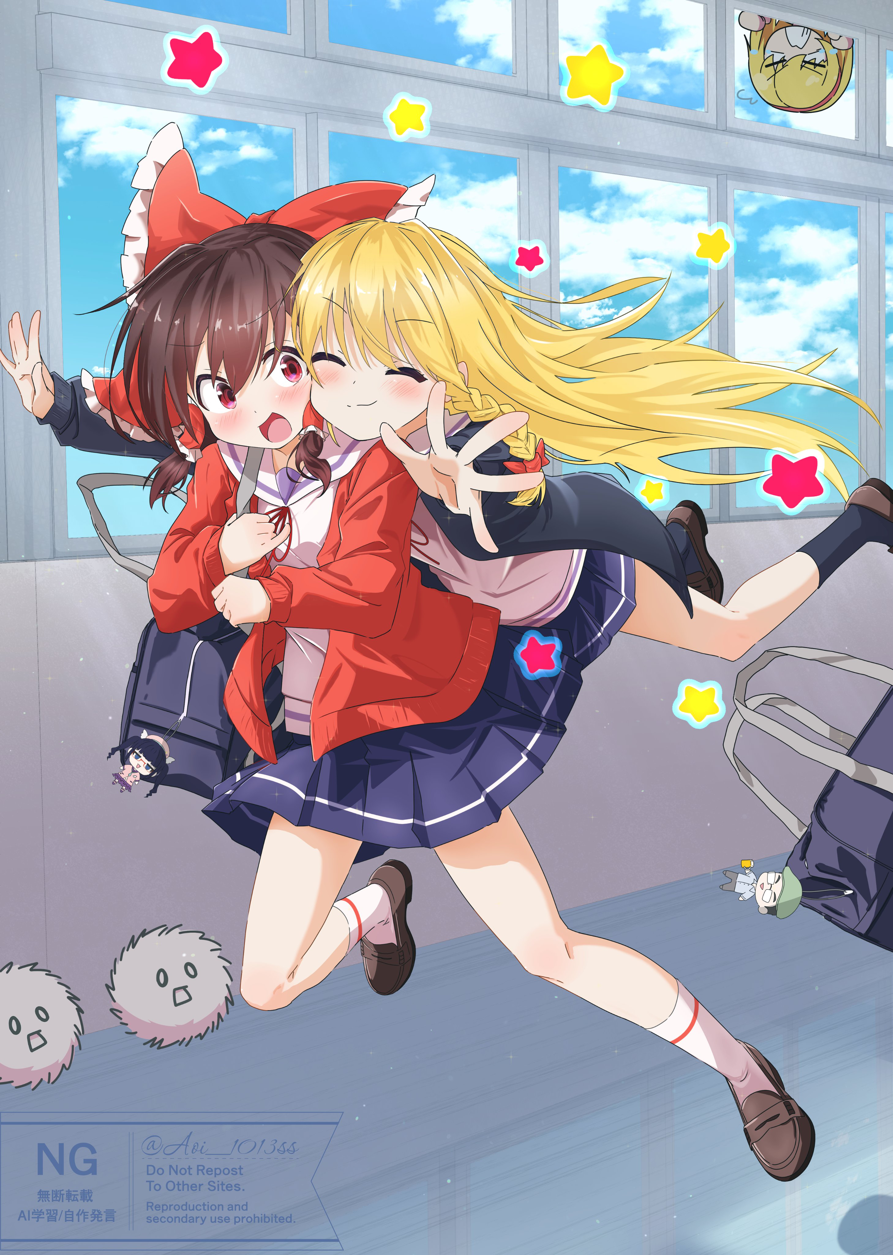 alice margatroid, beat mario (vtuber), hakurei reimu, kedama (touhou), kirisame marisa, zun, cool&create, touhou, absurdres, commentary request, highres, 3girls, :o, ^ ^, aoi 1013ss, black jacket, black skirt, black socks, blonde hair, blue sky, bow, brown hair, brown shoes, character charm, charm (object), closed eyes, closed mouth, cloud, day, frilled hair tubes, frills, hair bow, hair tubes, hairband, help me erinnnnnn!!, hug, hug from behind, indoors, jacket, jumping, long hair, medium hair, multiple girls, neck ribbon, pleated skirt, red bow, red eyes, red hairband, red jacket, ribbon, sailor collar, school, school uniform, shirt, shoes, short hair, skirt, sky, smile, socks, star (symbol), v-shaped eyebrows, watermark, white sailor collar, white shirt, window
