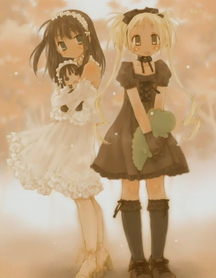 kurauchi anna, pochi (kore ga watashi no goshujin-sama), sawatari izumi, sawatari mitsuki, kore ga watashi no goshujin-sama, white legwear, 00s, 2girls, alligator, bare shoulders, blonde hair, character doll, crocodile, crocodilian, doll, elbow gloves, frills, full body, gloves, gothic lolita, lolita fashion, long hair, looking at viewer, multiple girls, ribbon, siblings, sisters, smile, socks, standing, stuffed animal, stuffed toy, twintails, white frills