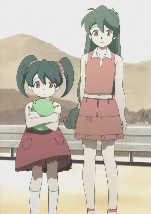 miyama miki, miyama miku, zettai shounen, anime screenshot, 00s, 2girls, brown eyes, dress, green hair, holding, kneehighs, long hair, looking at viewer, multiple girls, outdoors, pinafore dress, siblings, sisters, skirt, sleeveless, sleeveless dress, smile, socks, standing, stuffed animal, stuffed toy, twintails, very long hair