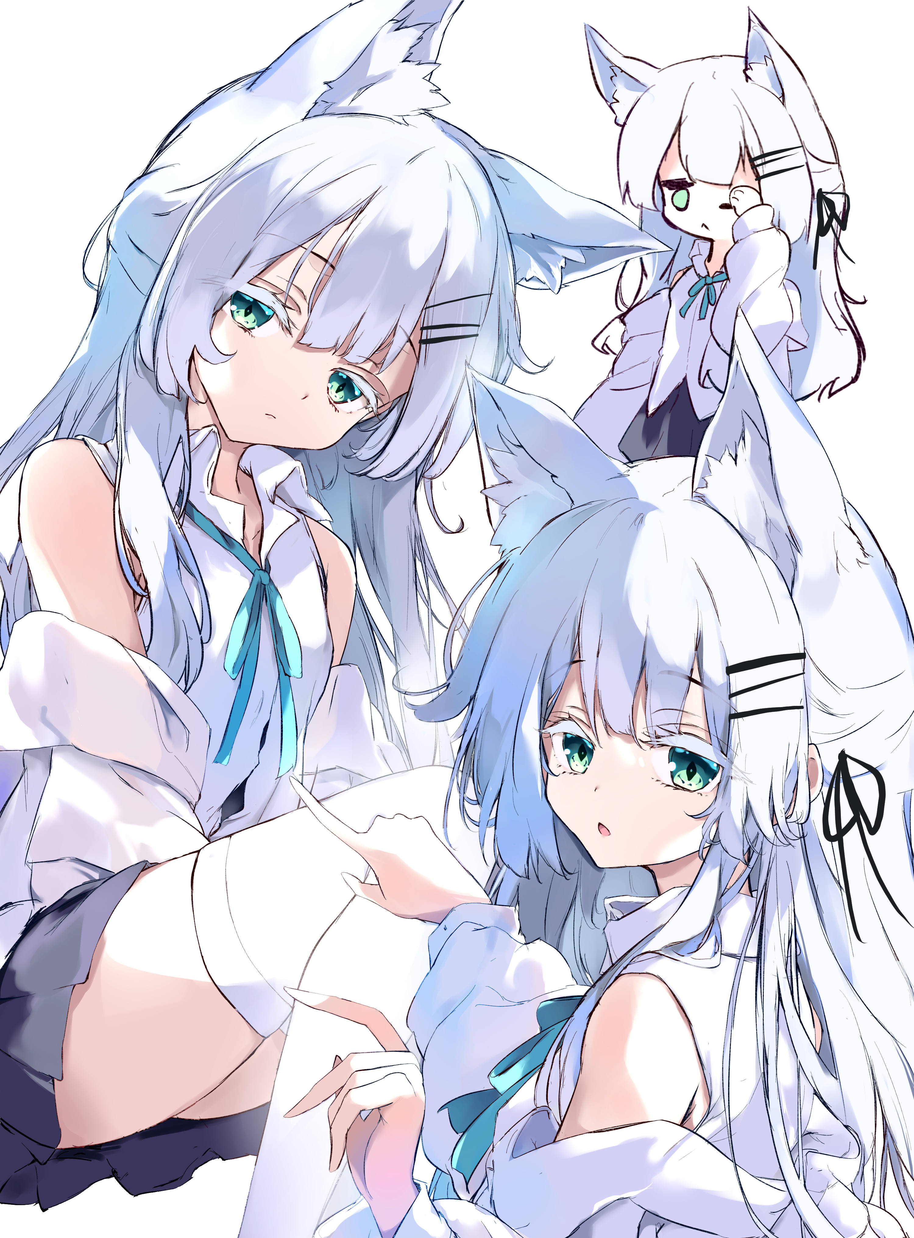 5nikorai, rosmontis (arknights), arknights, absurdres, highres, 1girl, animal ear fluff, animal ears, green eyes, hair ornament, hairclip, long hair, looking at viewer, multiple views, ribbon, shirt, skirt, sleeveless, thighhighs, white background, white hair, white shirt