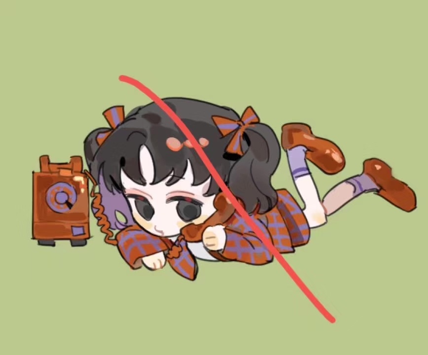 qyzhiaiyisheng, original, black eyes, black hair, bow, chibi, chibi only, full body, hair bow, holding, holding phone, jacket, long sleeves, lying, on stomach, phone, plaid clothes, plaid skirt, red shoes, ribbon, shoes, skirt, socks, solo, twintails