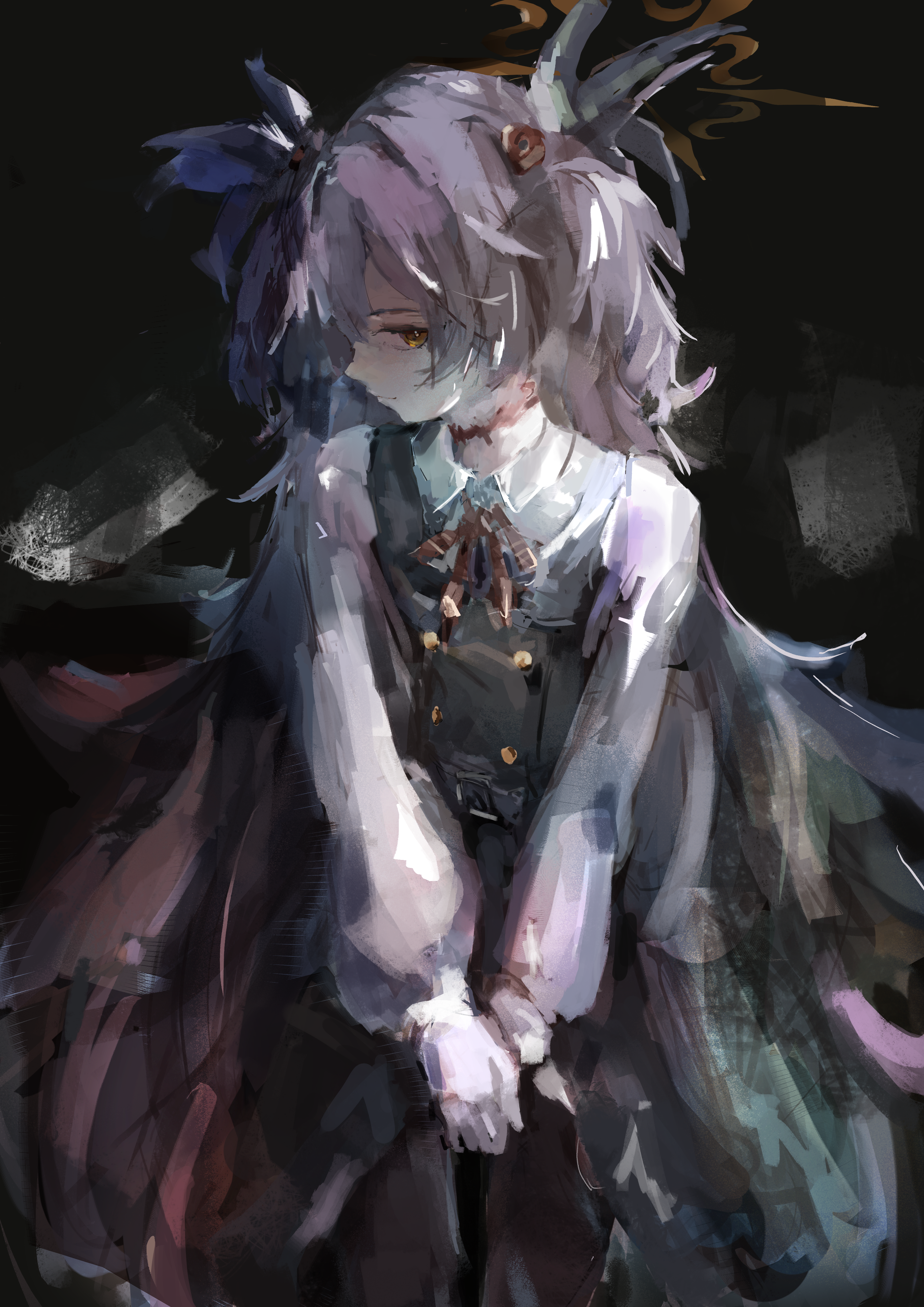 kanoe (blue archive), blue archive, absurdres, highres, 1girl, black dress, black pantyhose, brown halo, brown ribbon, closed mouth, dress, grey hair, hair over one eye, halo, hira15623, long hair, looking at viewer, orange eyes, own hands together, pantyhose, ribbon, shirt, solo, two side up, white shirt