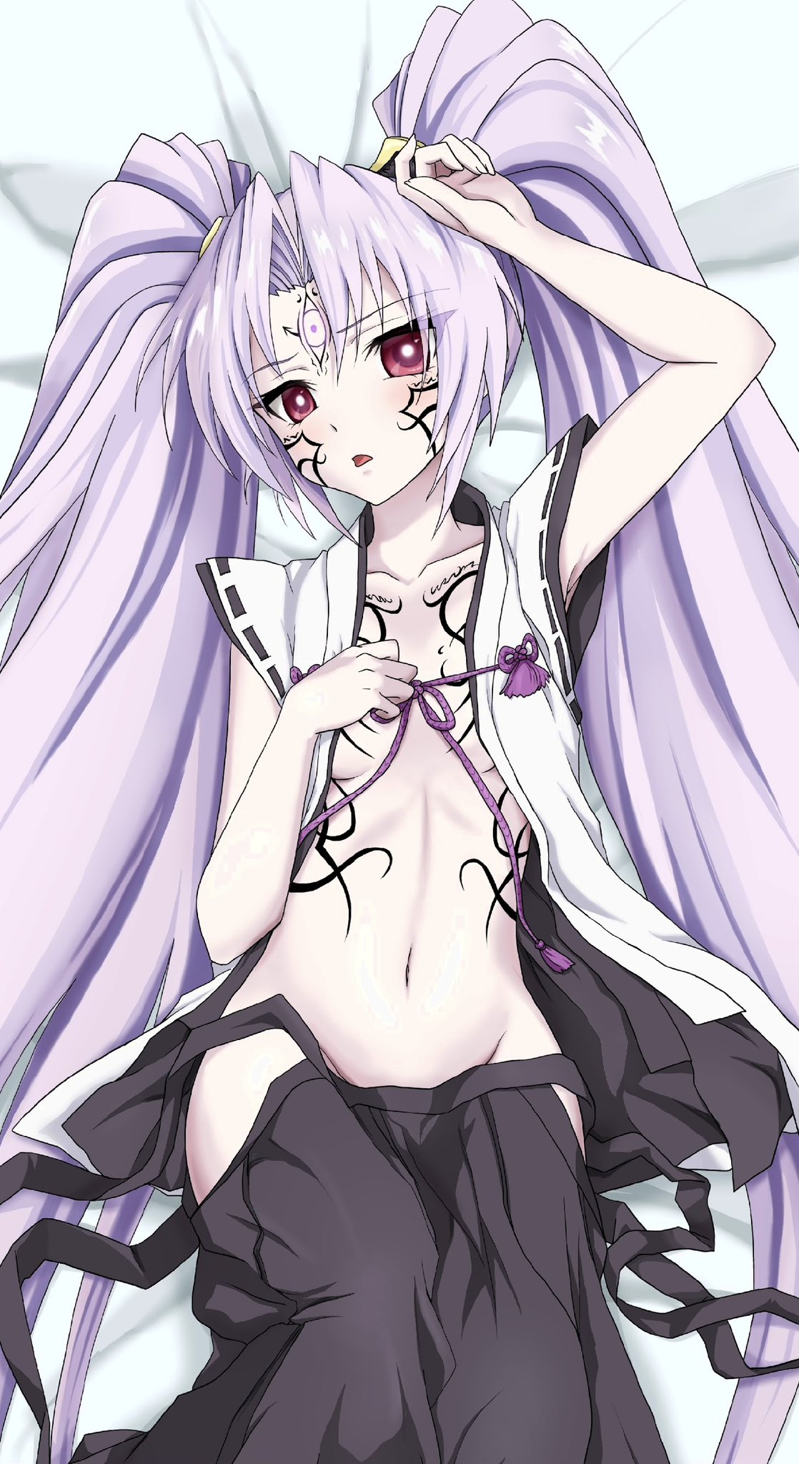 kojirou (kojiou3), kashin koji (sengoku otome), sengoku otome, highres, 1girl, arm up, armpits, bed sheet, black hakama, chest tattoo, collarbone, cowboy shot, dakimakura (medium), facial tattoo, groin, hakama, hakama skirt, hand on own chest, head tilt, japanese clothes, kimono, long hair, lying, navel, on back, open clothes, purple hair, purple ribbon, red eyes, ribbon, skirt, tattoo, third eye, tribal tattoo, twintails, undressing, very long hair, white kimono