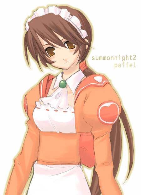 paffel, summon night, summon night 2, 1girl, blush, brown hair, female focus, head tilt, heart, long hair, looking at viewer, maid, orange eyes, orange shirt, ponytail, shirt, smile, solo, very long hair, waitress