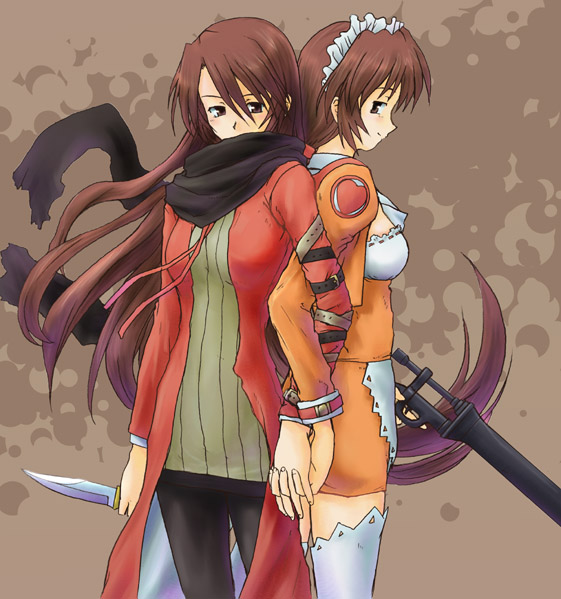 hazel (summon night), paffel, summon night, summon night 2, summon night 3, frilled legwear, 2girls, back-to-back, bonnet, brown eyes, brown hair, dual persona, frills, gun, holding hands, interlocked fingers, knife, long hair, maid, multiple girls, orange shirt, pantyhose, rifle, scarf, shirt, smile, thighhighs, very long hair, waitress, weapon, white thighhighs