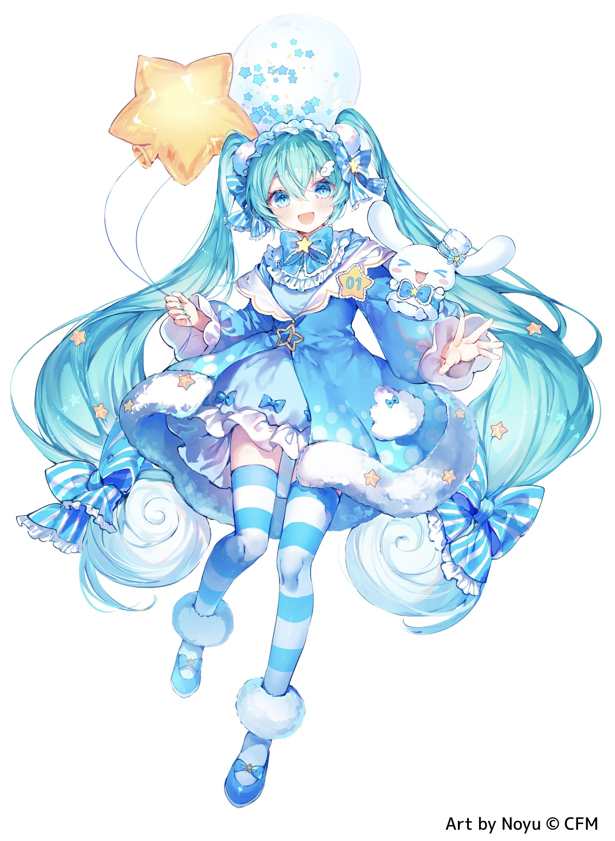 noyu (noyu23386566), cinnamoroll, hatsune miku, fuwa fuwa cinnamoroll, sanrio, vocaloid, absurdres, highres, official art, 1girl, aqua dress, aqua eyes, aqua hair, balloon, blue bow, blue bowtie, blue shoes, bow, bowtie, dress, dress bow, hair between eyes, hair bow, holding, holding balloon, long hair, long sleeves, looking at viewer, open mouth, shoes, simple background, smile, solo, standing, star balloon, striped bow, striped clothes, striped thighhighs, thighhighs, twintails, very long hair, white background