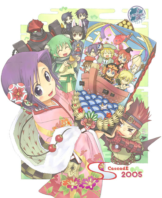 watanuki nao, aty, aty (summon night), azlier, bulrell, hasaha, kyle (summon night), le-o-ld, magna, meimei, nesty, resi, rexx, sonolar, toris, yard, summon night, summon night 2, summon night 3, silver hair, 2005, 2girls, 4boys, :d, = =, ^^^, ^ ^, animal ears, armor, bat wings, belt, beret, bird, black hair, blue eyes, blue hair, blush, boat, cannon, capelet, cascade, cat, chibi, closed eyes, cloud, cross, crossover, dated, demon tail, drawing (object), everyone, facial mark, fang, fish, fishing rod, flat chest, floral print, flower, fox ears, from above, furisode, glasses, green hair, hair between eyes, hair flower, hair ornament, hat, headband, helmet, holding, horns, japanese clothes, kimono, looking at viewer, looking back, mecha, multiple boys, multiple girls, open mouth, pointy ears, purple eyes, purple hair, rabbit ears, red eyes, red hair, robot, sash, scarf, ship, short hair, sky, smile, spiked hair, spikes, staff, standing, studded belt, sweatdrop, tail, telescope, water, watercraft, wings, wizard hat, yellow eyes, yukata