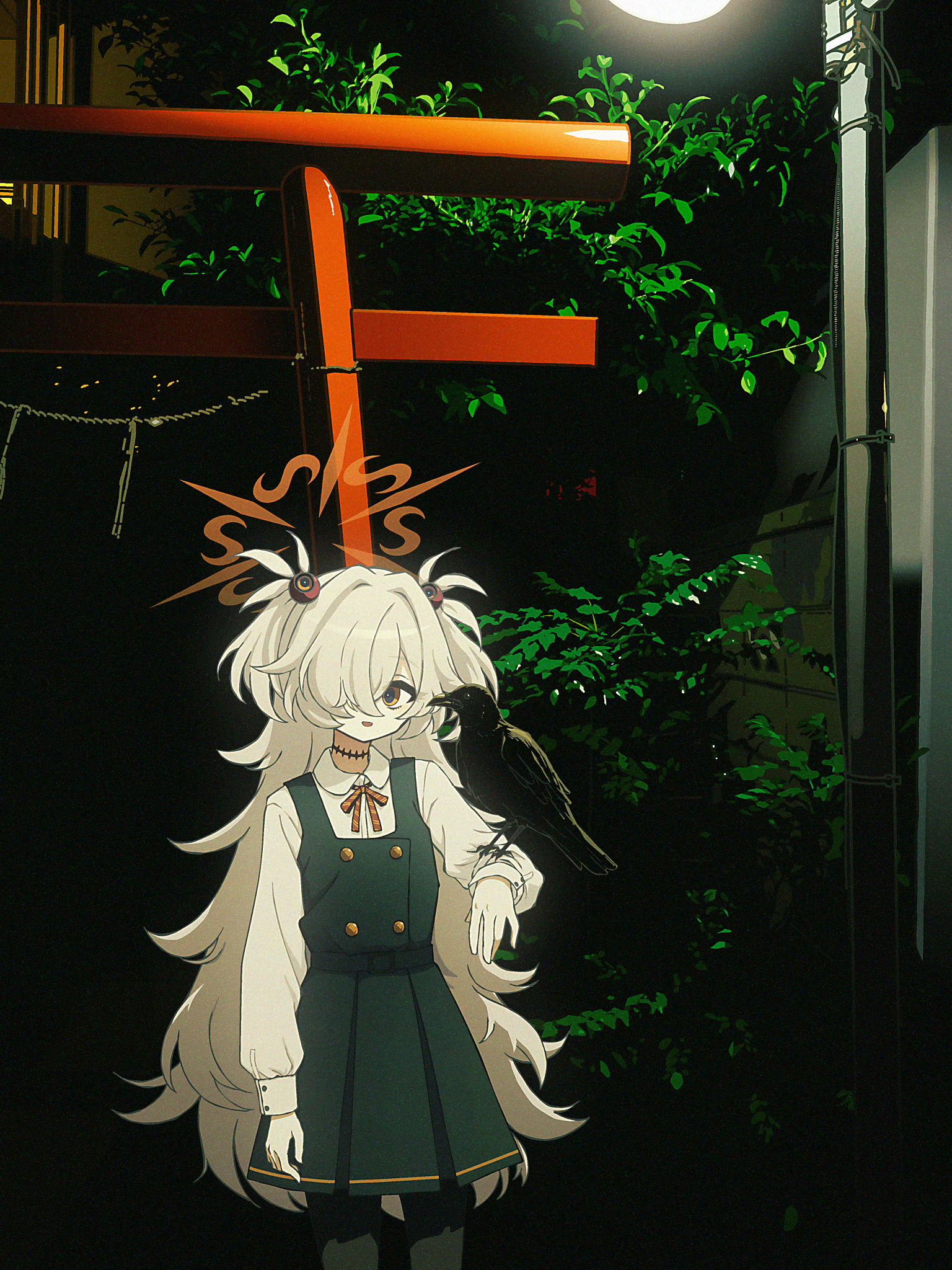nkymyura, kanoe (blue archive), blue archive, highres, 1girl, animal on arm, bird, bird on arm, black pantyhose, brown eyes, brown halo, crow, dress, full moon, green dress, grey hair, hair over one eye, halo, long hair, moon, night, pantyhose, plant, red ribbon, ribbon, shirt, solo, torii, two side up, white shirt