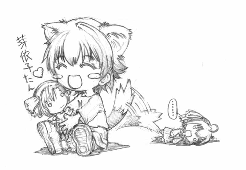 kitazato shigure, tachibana meiko, wakou ouka, snow (game), graphite (medium), traditional media, 2girls, animal ears, blush, character doll, chibi, chibi only, closed eyes, doll, greyscale, heart, monochrome, multiple girls, o o, sitting, snow, tail, tail wagging, wolf ears