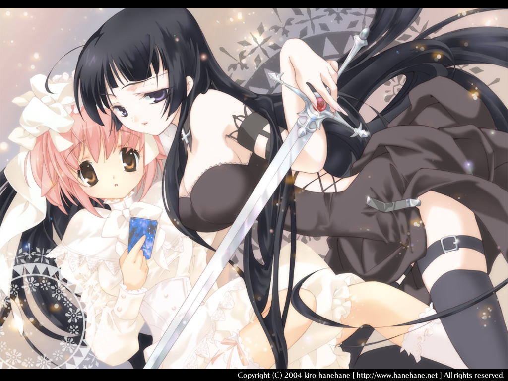hanehane kiro, original, 2girls, bare shoulders, black hair, black thighhighs, card, dress, holding, holding card, letterboxed, long hair, multiple girls, pink eyes, pink hair, purple eyes, short hair, sword, thighhighs, weapon