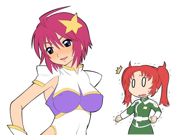 norakuro nero, hawke, lunamaria hawke, meer campbell, meyrin hawke, gundam, gundam seed, gundam seed destiny, looking away, 0 0, 2girls, :o, ^^^, armpits, belt, blue eyes, blush, breasts, chibi, cosplay, costume switch, covered erect nipples, gloves, hair ornament, hawke (cosplay), highleg, highleg leotard, impossible clothes, impossible leotard, large breasts, leotard, meer campbell (cosplay), military, military uniform, multiple girls, naughty face, parted bangs, pink hair, red hair, short hair, siblings, simple background, sisters, skin tight, skirt, standing, star (symbol), star hair ornament, surprised, sweatdrop, trembling, turtleneck, twintails, unamaria, upper body, white background, white gloves