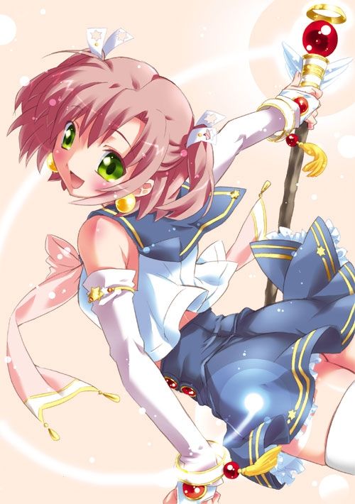 kamiya maneki, original, jpeg artifacts, 1girl, ass, bow, bracelet, bridal gauntlets, earrings, elbow gloves, female focus, fingerless gloves, gloves, green eyes, jewelry, magical girl, mahoushoujo, pink hair, ribbon, school uniform, serafuku, short twintails, skirt, solo, staff, thighhighs, twintails, white bridal gauntlets, white thighhighs, zettai ryouiki