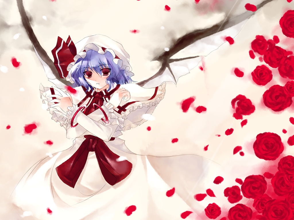 remilia scarlet, touhou, 1girl, bat wings, blue hair, female focus, flower, hat, mob cap, petals, red eyes, red flower, red rose, rose, rose petals, short hair, solo, wings