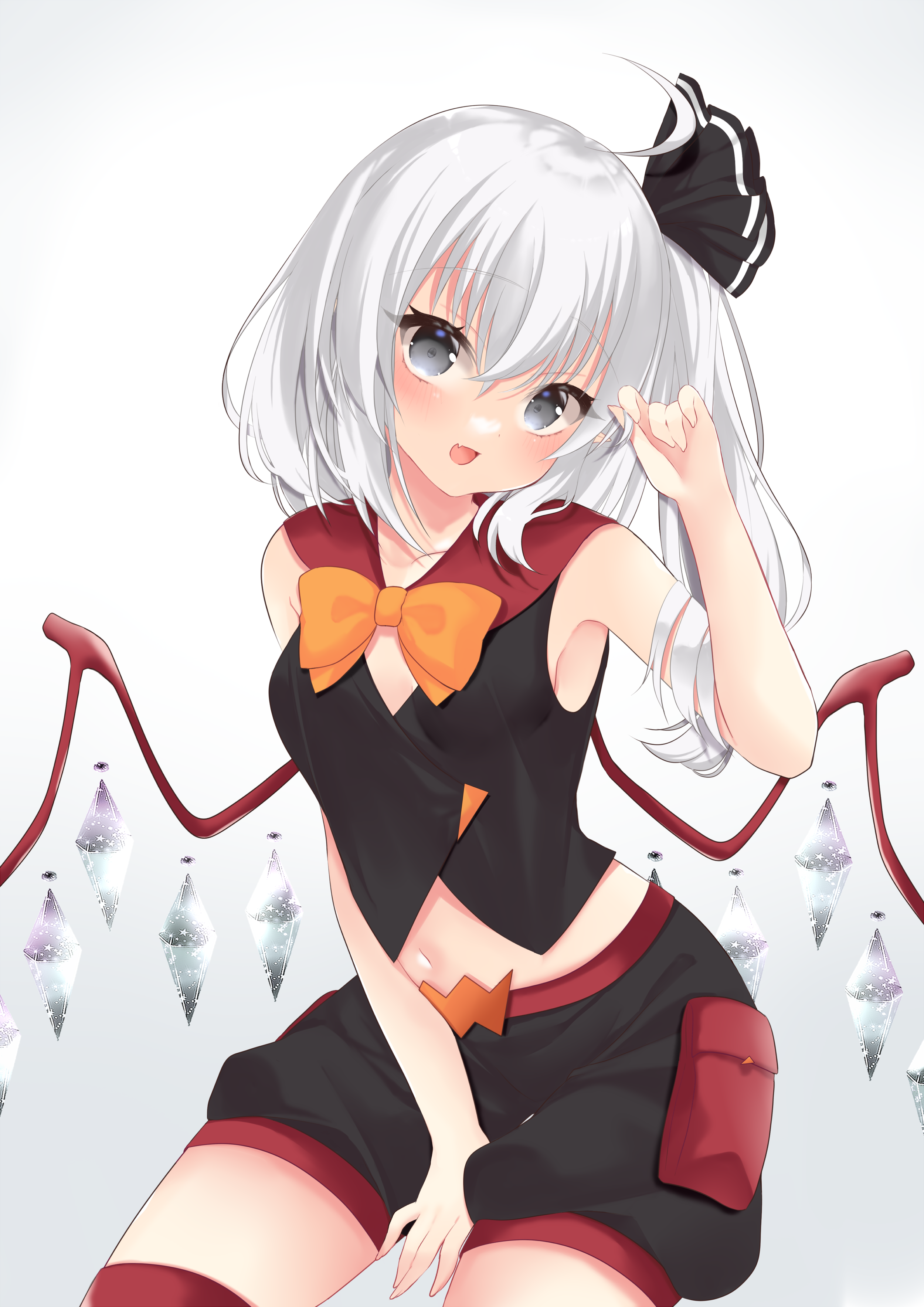 tosakaoil, original, touhou, absurdres, commentary request, commission, highres, pixiv commission, 1girl, :d, armpit peek, black ribbon, black shorts, black vest, blush, bow, breasts, chest bow, collarbone, cowboy shot, crystal wings, eyelashes, fang, grey eyes, grey wings, hair between eyes, hair ribbon, hand between thighs, hand up, long hair, looking at viewer, midriff peek, navel, one side up, open mouth, orange bow, playing with own hair, ribbon, shorts, sitting, skin fang, small breasts, smile, solo, sugardre scarlet, thighhighs, thighs, vest, white hair, wings