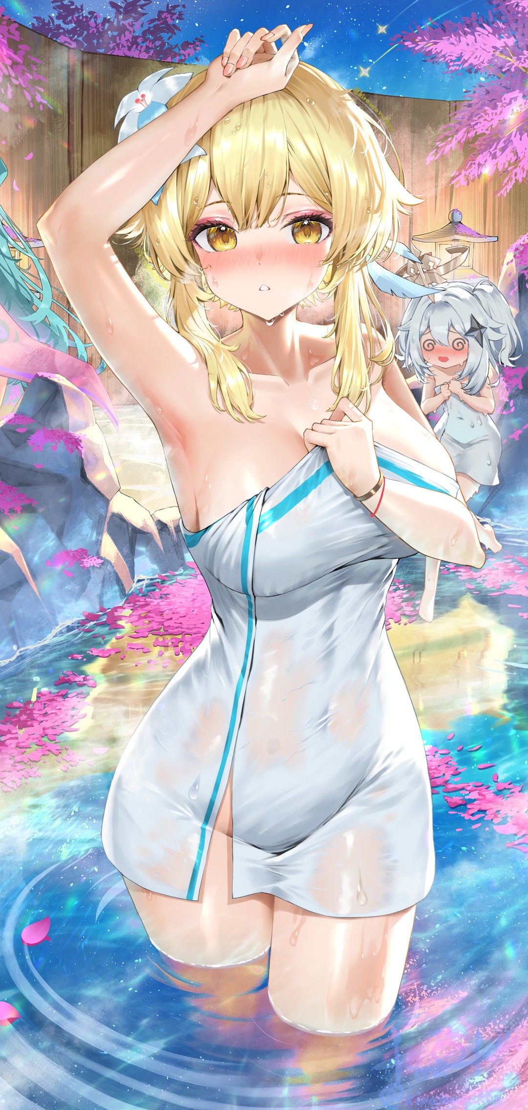 kiramarukou, lumine (genshin impact), paimon (genshin impact), genshin impact, highres, 2girls, @ @, arm up, blonde hair, blush, breasts, collarbone, covered navel, floating, flower, grey hair, hair flower, hair ornament, large breasts, looking at viewer, multiple girls, naked towel, night, night sky, onsen, parted lips, short hair with long locks, sky, towel, wading, wet, yellow eyes
