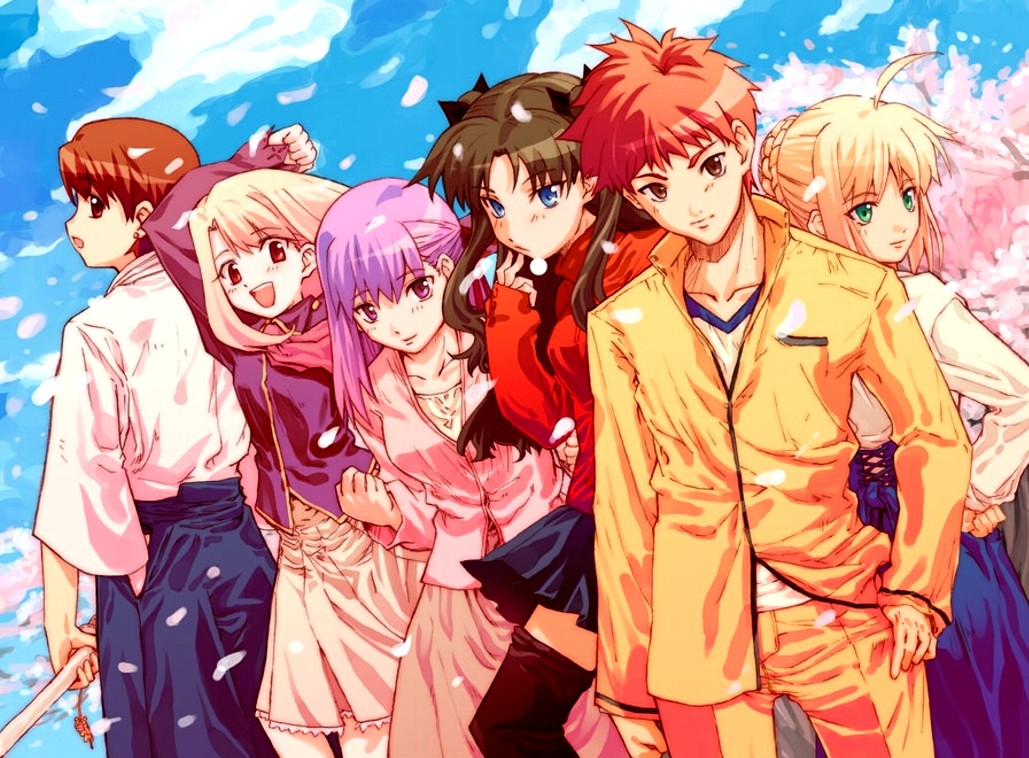 fuzuki yoshihiro, artoria pendragon (fate), emiya shirou, fujimura taiga, illyasviel von einzbern, matou sakura, saber (fate), tohsaka rin, fate/stay night, fate (series), 00s, 1boy, 5girls, black hair, blouse, blue eyes, brother and sister, brown eyes, cherry blossoms, everyone, girl sandwich, multiple girls, purple hair, red eyes, sandwiched, shinai, shirt, siblings, sisters, sword, weapon, white hair