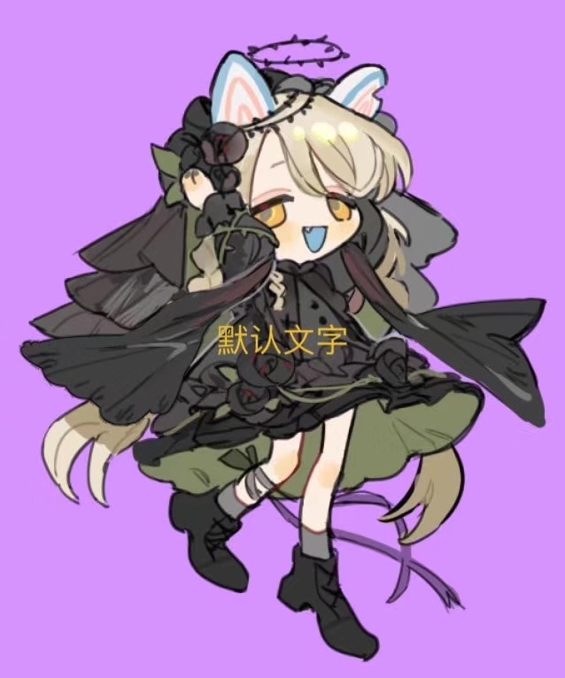 qyzhiaiyisheng, original, 1girl, :d, black boots, black dress, black flower, black veil, blonde hair, boots, braid, chibi, chibi only, dress, flower, full body, hair between eyes, hair flower, hair ornament, long hair, long sleeves, open mouth, purple background, ribbon, smile, solo, veil, very long hair, yellow eyes