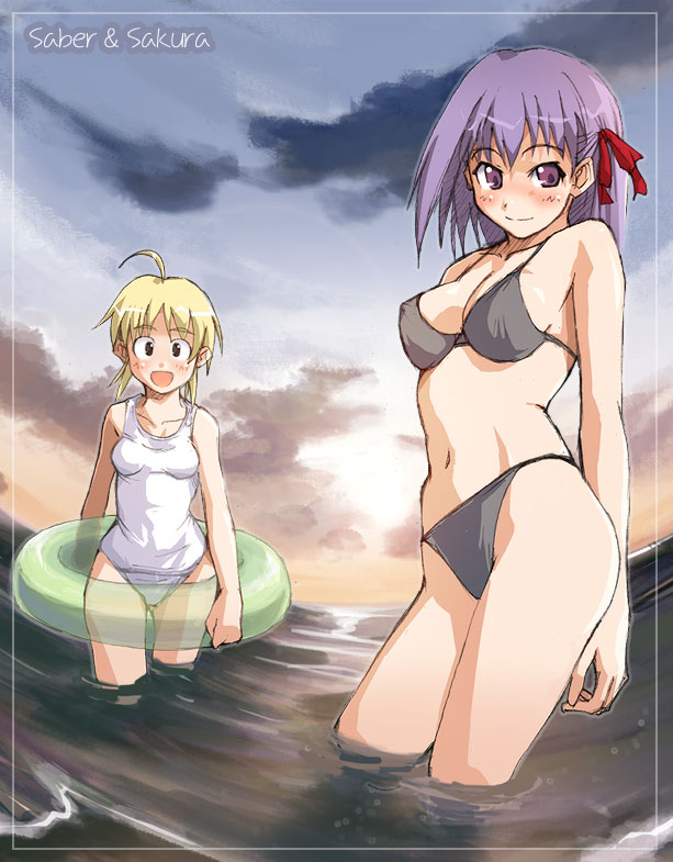 una (dpaxg), artoria pendragon (fate), matou sakura, saber (fate), fate/stay night, fate (series), 00s, 2girls, ahoge, bikini, black eyes, blonde hair, blush, breasts, cleavage, cloud, hair ribbon, innertube, multiple girls, navel, one-piece swimsuit, outdoors, purple eyes, purple hair, ribbon, school swimsuit, short hair, sky, smile, string bikini, swim ring, swimsuit, wading, water, white one-piece swimsuit, white school swimsuit