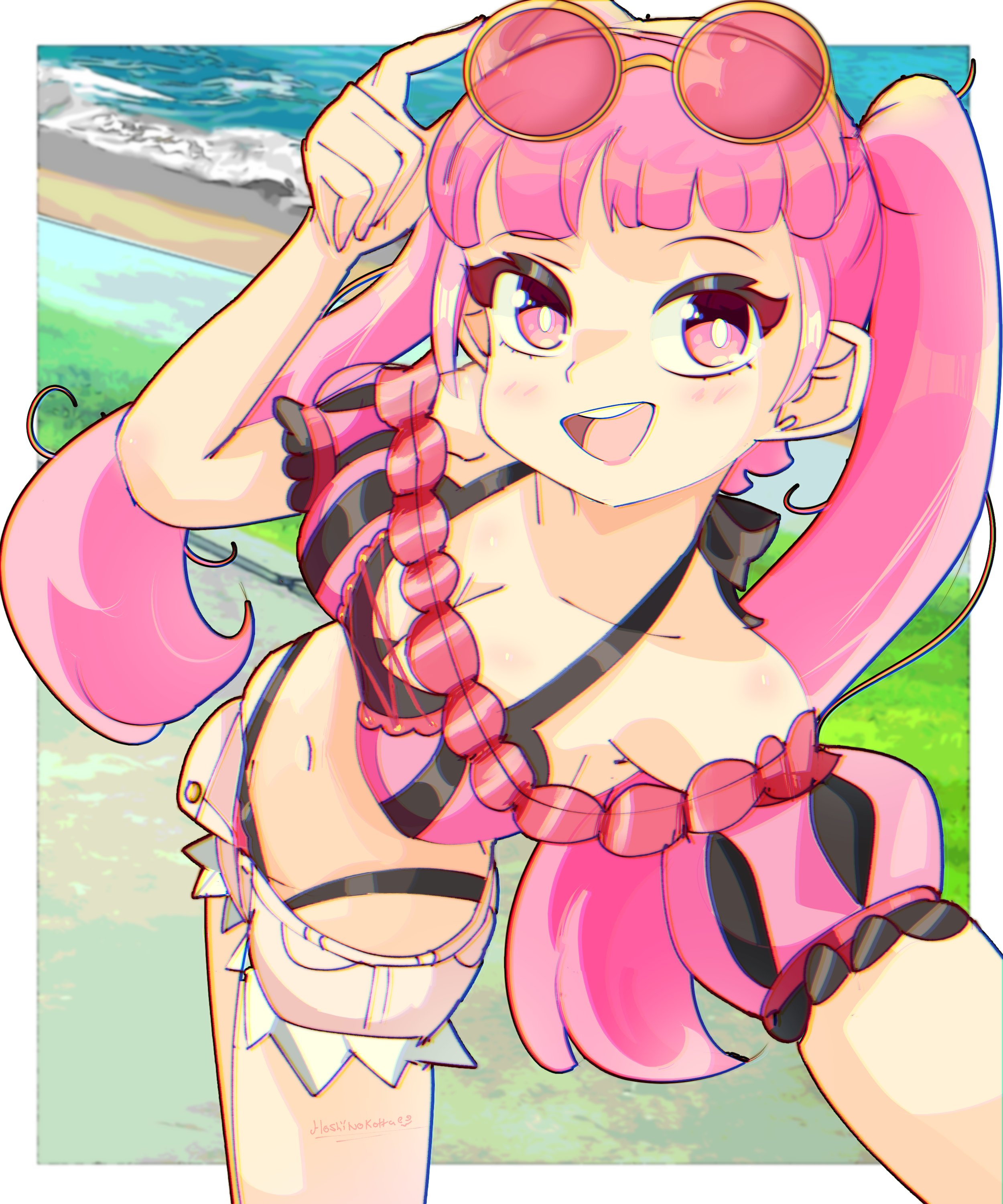 hoshinokotta, hilda valentine goneril, hilda valentine goneril (summer), fire emblem, fire emblem: three houses, fire emblem heroes, nintendo, absurdres, highres, 1girl, bare shoulders, beach, bikini, bikini under shorts, blush, breasts, cleavage, collarbone, eyewear on head, from above, long hair, looking at viewer, looking up, medium breasts, navel, ocean, off-shoulder bikini, off shoulder, official alternate costume, open mouth, outdoors, pink-tinted eyewear, pink bikini, pink eyes, pink hair, pink shorts, shorts, smile, striped bikini, striped clothes, sunglasses, swimsuit, teeth, tinted eyewear, twintails, vertical-striped bikini, vertical-striped clothes, water