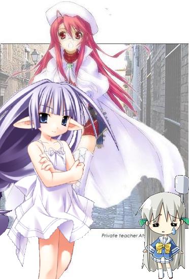 aty, aty (summon night), kousaka himeko, like life, summon night, summon night 3, silver hair, artist request, character request, jpeg artifacts, 3girls, = =, beret, blue eyes, blue hair, cape, chibi, crossed arms, dress, elf, flat chest, glasses, hat, long hair, multiple girls, pleated skirt, pointy ears, red eyes, red hair, school uniform, serafuku, skirt, smile, tears, thighhighs, turtleneck, very long hair, white thighhighs, zettai ryouiki